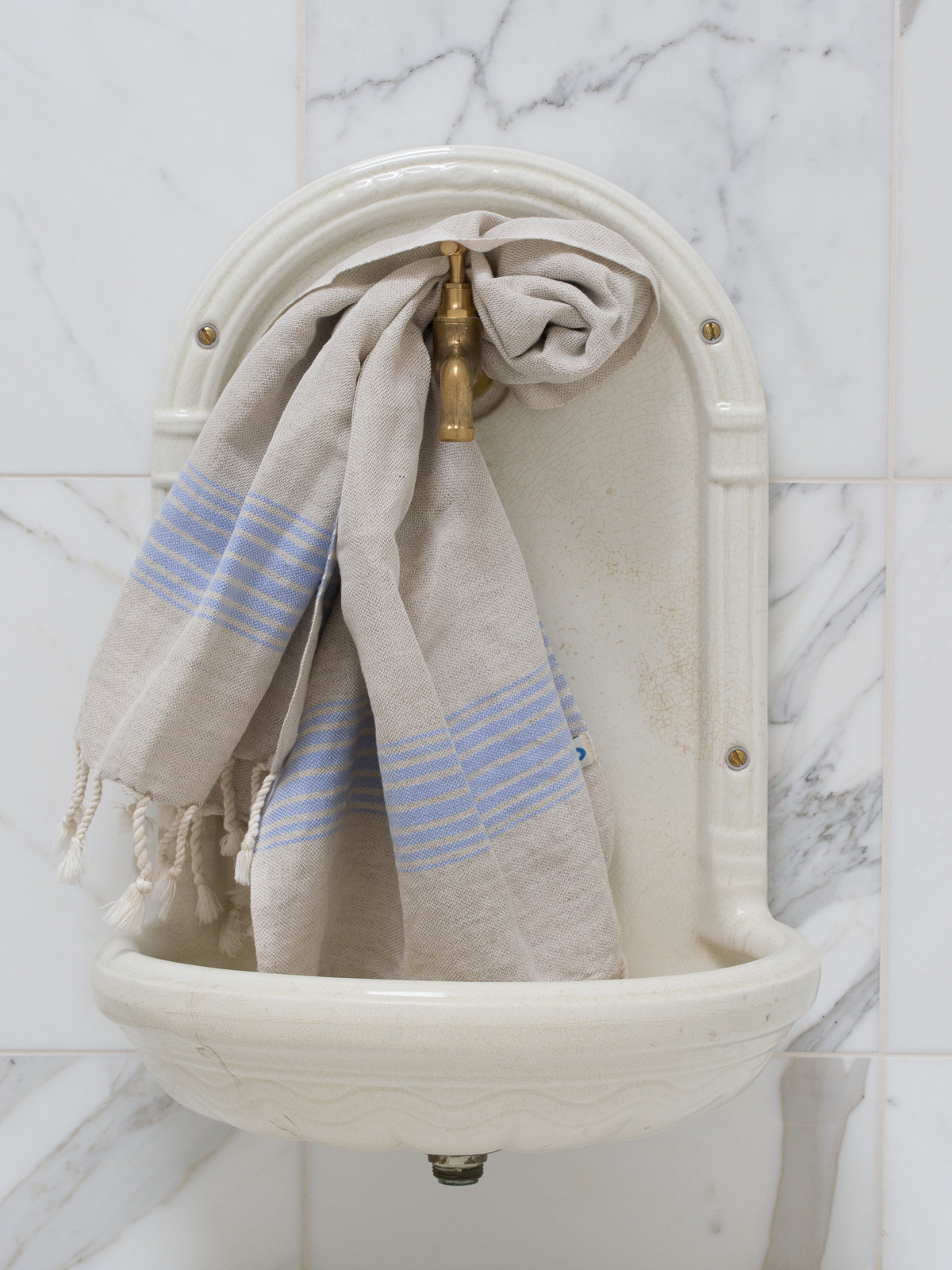 asciugamano hammam in lino blu lavanda a righe
